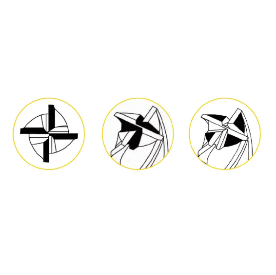 Cross-section diagrams of two-flute, three-flute, and four-flute end mills