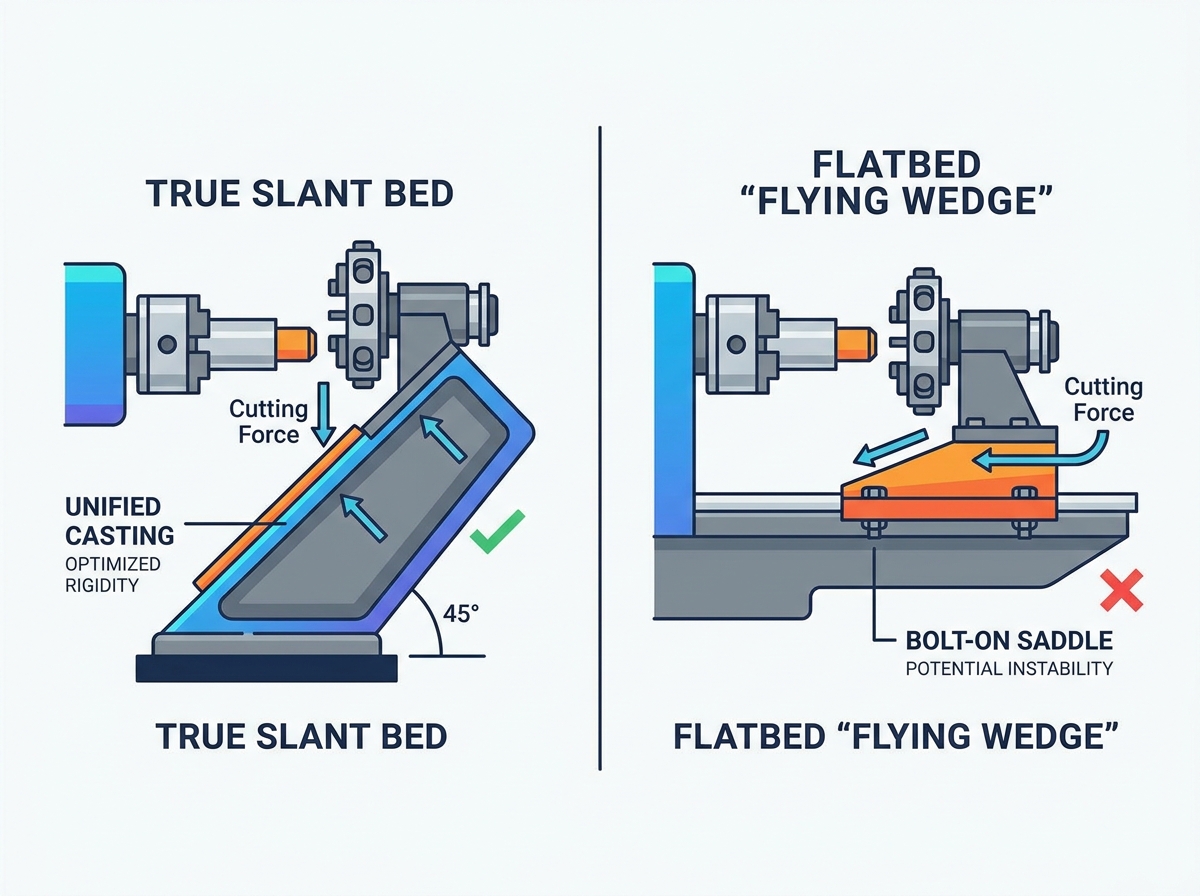True Slant Bed vs Flat Bed CNC Lathe Casting Comparison